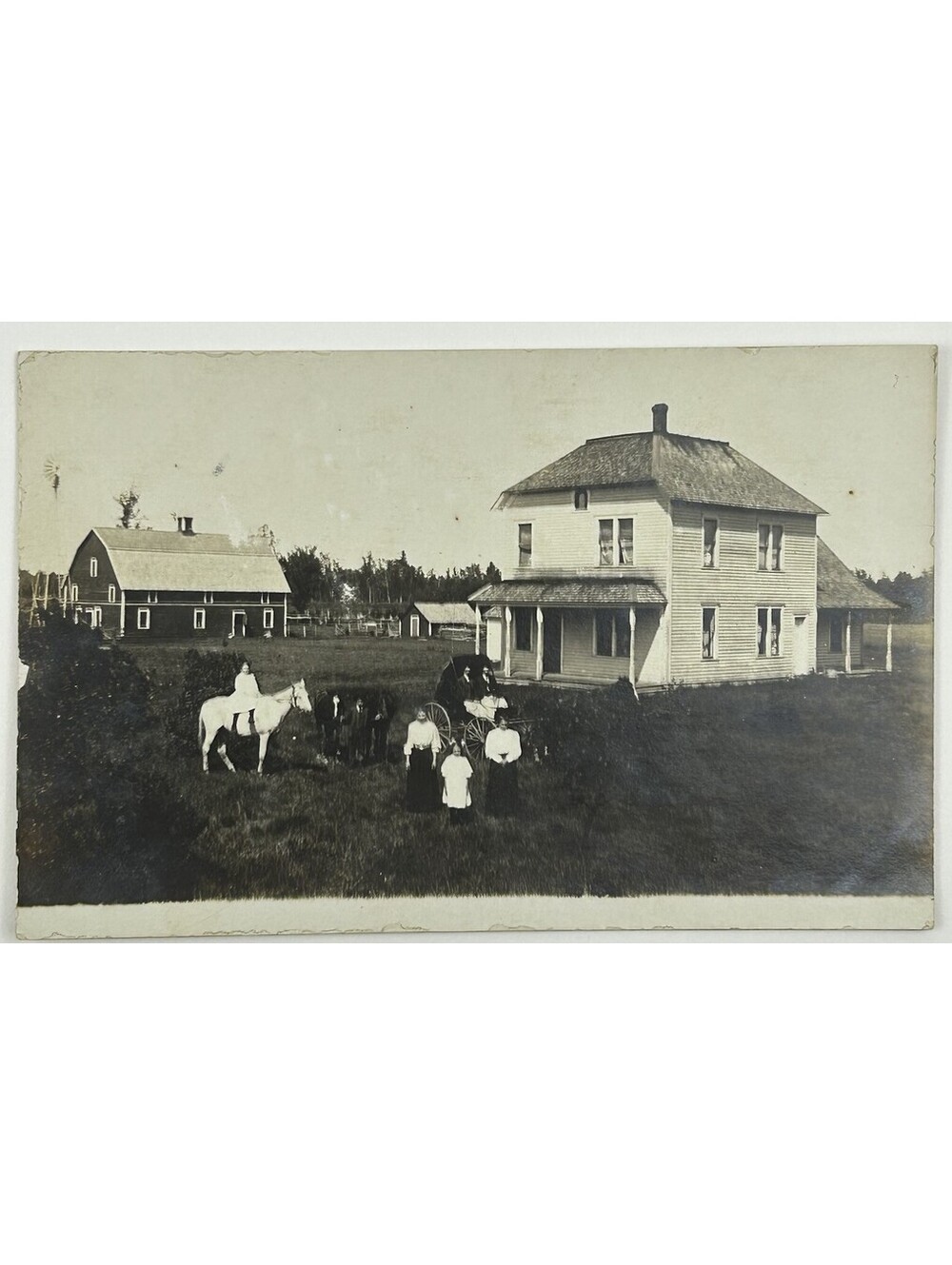 1900s RPPC Old Farm House Barn Family Horse Carriage Antique Photo Postcard E-12
